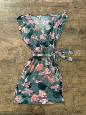 Nine West Pink and Green Floral Faux-Wrap Midi Dress